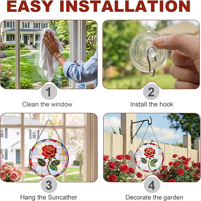 Stained Glass Window Hanging, Red Rose Suncatcher 7.8 in Sun Catcher Glass Panel Boho Wall Art Decor with Chain Diamond Glass Panel Hangings Scenery Sun Catchers Decor for Lover Couple Mom