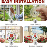 Stained Glass Window Hanging, Red Rose Suncatcher 7.8 in Sun Catcher Glass Panel Boho Wall Art Decor with Chain Diamond Glass Panel Hangings Scenery Sun Catchers Decor for Lover Couple Mom