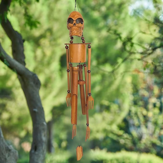Bellaa 24773 Handmade Bamboo Skull Wind Chimes - 36 Inch Outdoor Garden Decor, Gothic Halloween Skeleton Design from Bali Indonesia, Weather Resistant Patio Yard Art