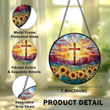 Christian Gifts for Women, Easter Christian Cross Sunflower Suncatcher Stained Glass Window Hanging, Cross Flower Sun Catchers Indoor Window Glass Wall Art Decor, 7.9x7.9 Inch