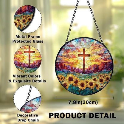 Christian Gifts for Women, Easter Christian Cross Sunflower Suncatcher Stained Glass Window Hanging, Cross Flower Sun Catchers Indoor Window Glass Wall Art Decor, 7.9x7.9 Inch