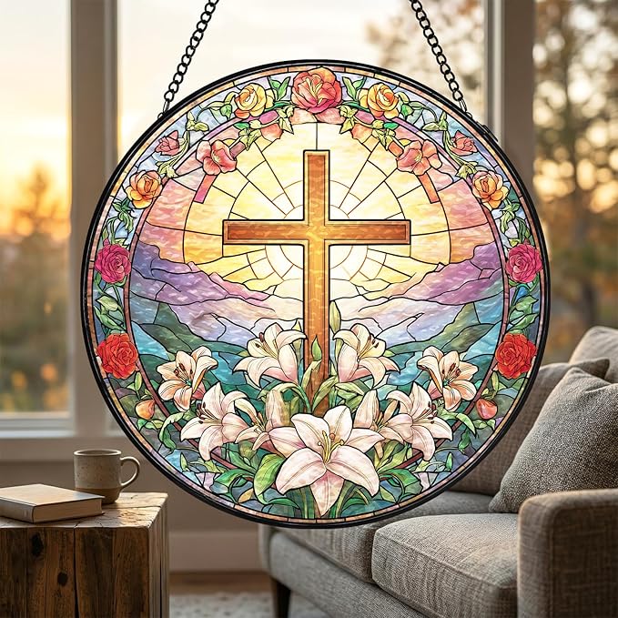 Stained Glass Sun Catcher Window Hanging - Jesus Easter Lily Flower Design, Well Made Indoor Home Decor | Perfect Christian Gifts for Mother's Day, Birthday, Christmas for Women, Mom (Sun) 7.8in