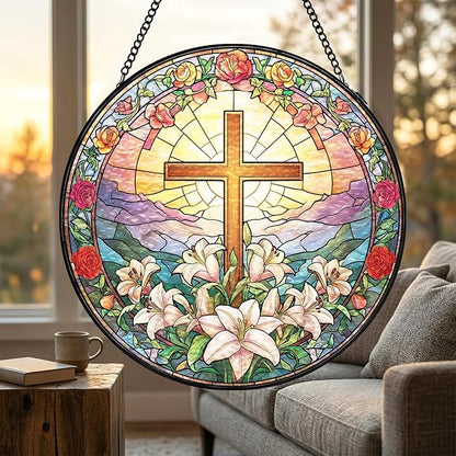 Stained Glass Sun Catcher Window Hanging - Jesus Easter Lily Flower Design, Well Made Indoor Home Decor | Perfect Christian Gifts for Mother's Day, Birthday, Christmas for Women, Mom (Sun) 7.8in
