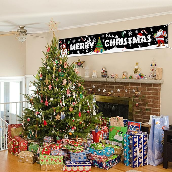 Probsin Large Merry Christmas Banner 120" x 20" Double Printed Xmas Decoration Snowman Christmas Tree Hanging Santa Claus Holiday Party Supplies Home Decor for Outdoor,Indoor,Yard,Garden,Porch,Lawn