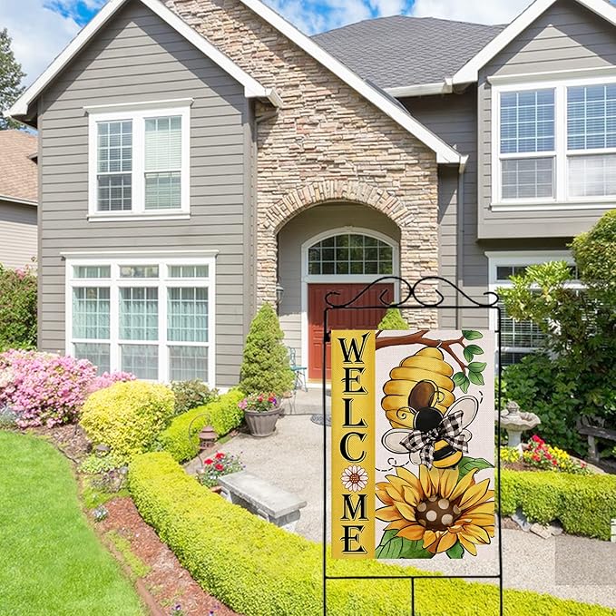 Welcome Spring Summer Bumble Bee Sunflower Decorative House Flag, Honeycomb Flower Garden Yard Outside Decorations, Buffalo Plaid Bow Farmhouse Outdoor Large Home Decor Double Sided 28 x 40