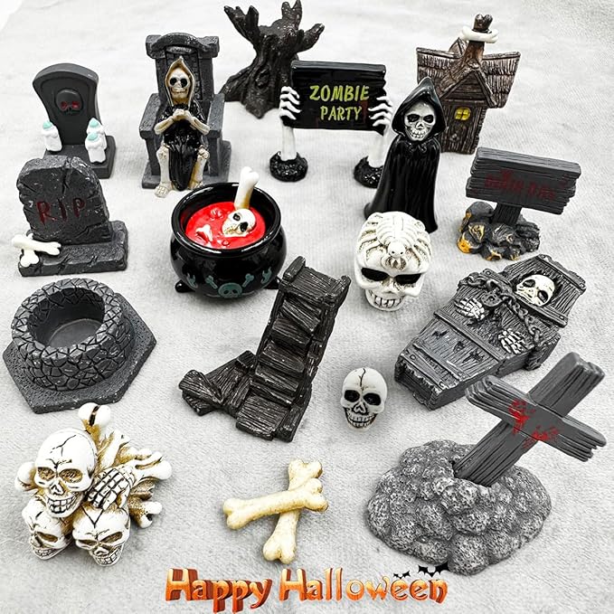 Suartus Halloween Miniature Figurines - 18Pcs Resin Ghost Tombstones Skull Heads Scene Ornaments Halloween Garden Accessories Mini Figurine Decorations for Outdoor Statues Home Village Crafts Decor