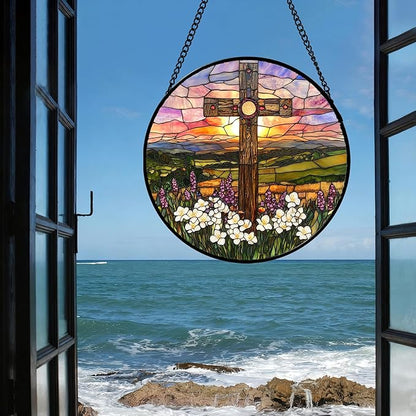 DASTOLL Christian Gifts for Women - Cross Stained Glass Window Hanging Easter Wildflower Sunset Scenery Sun Catcher Garden Religion Decor Mother's Day Catholic Gift for Men Grandma Nana Her 11.8"