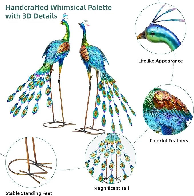 32" Oversized Peacock Decor Set of 2, Hand-Painted Metal Yard Art, Weatherproof Outdoor Garden Statues & Sculptures for Lawn, Flower Beds, Patio, Backyard or Indoor Kitchen & Home Decor