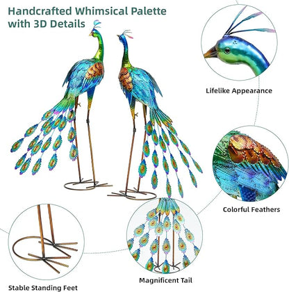 32" Oversized Peacock Decor Set of 2, Hand-Painted Metal Yard Art, Weatherproof Outdoor Garden Statues & Sculptures for Lawn, Flower Beds, Patio, Backyard or Indoor Kitchen & Home Decor