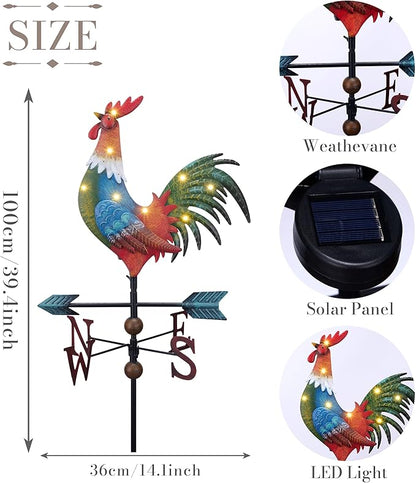 TERESA'S COLLECTIONS Garden Decor with Solar Outdoor Lights, Red Rooster Yard Art Sign for Outside, 39.4'' Metal Weathervane Decorative Garden Stake for Outdoor Decor Lawn, Gifts for Mom