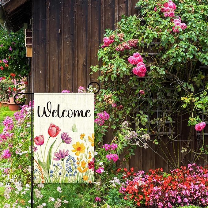 Spring Floral Welcome Garden Flag for Outside,Welcome Spring Yard Flag for Lawn Porch Flags for Outdoor Decorations 12x18 Inch Double Sided