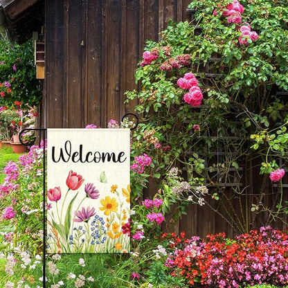 Spring Floral Welcome Garden Flag for Outside,Welcome Spring Yard Flag for Lawn Porch Flags for Outdoor Decorations 12x18 Inch Double Sided