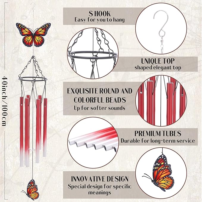 Butterfly Wind Chimes for Outside - Metal Windchimes Outdoors Patio Garden Yard Backyard Indoor Balcony Porch Hanging Decor Butterfies Birthday Gifts for Women Mom Grandma Wife Friends