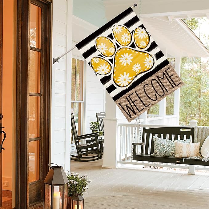 AVOIN colorlife Yellow Paw Print Spring House Flag 28x40 Inch Double Sided Outside, Daisy Floral Welcome Stripes Yard Outdoor Flag