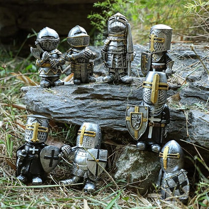 Knight Gnomes Guard Garden Statues 2021 Christmas Guardians Gnomes, Renaissance Medieval Cross Templar Crusader Figurine, Armor Miniature European Knights Sculpture for Yard Lawn Art Decor (8 pcs)