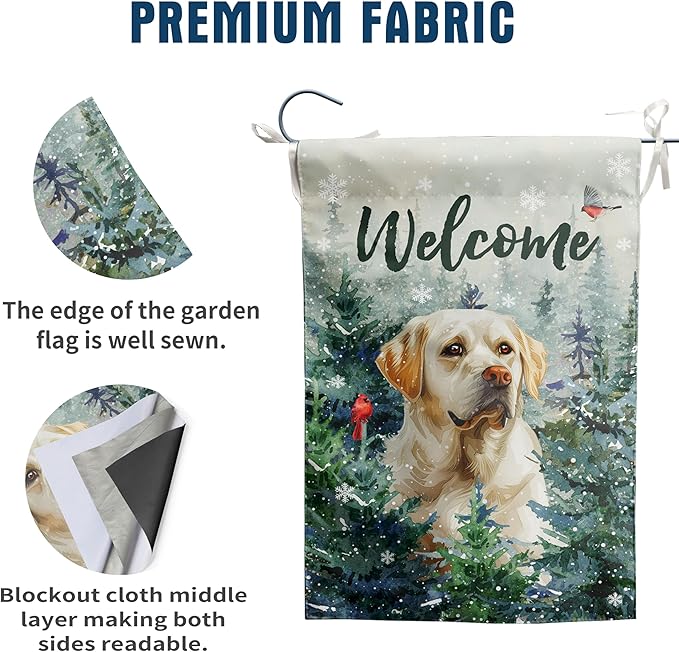 Welcome Winter Garden Flags White Lab Garden Flag Cardinal Birds on Snowy Pine Tree Flag Labrador Dog Yard Flags for Outside 12x18 Double Sided Christmas Decorative Lawn Flags