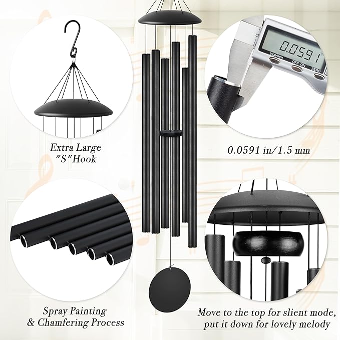 45" Extra Large Wind Chimes with Outside Deep Tone, 6 Thick and Bold Aluminum Tubes, Coolest Metal Windchimes Outdoors with Pine Wood Striker, Unique Gift for Mom, Garden Decoration(Black)