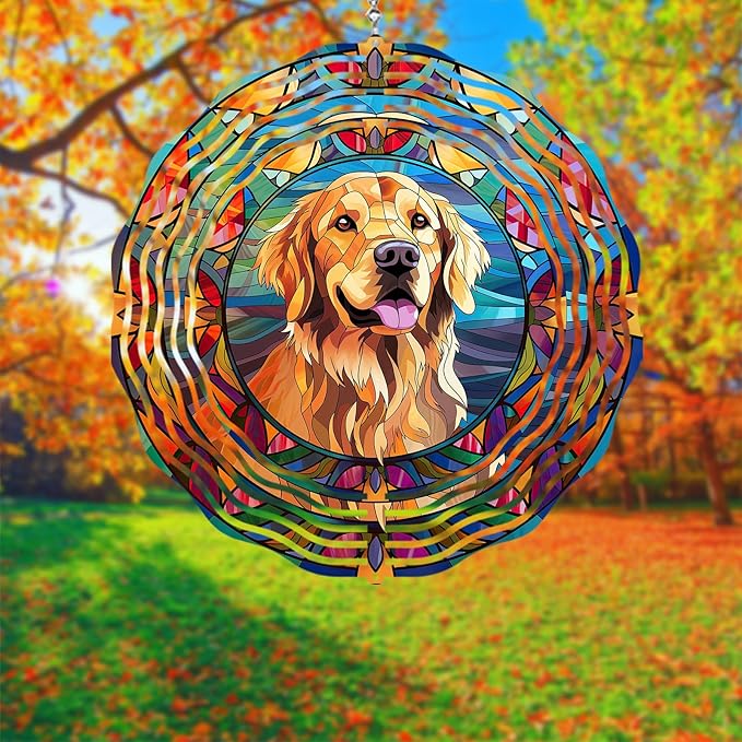 Golden Retriever Wind Spinner Pet Dog Memorial Gifts, Vibrant 3D Kinetic Aluminum Metal Hanging Outdoor Garden Decor, Loss of Dogs Sympathy Gifts, 8" Wind Sculptures for Patio, Porch Yard Art (GR6)