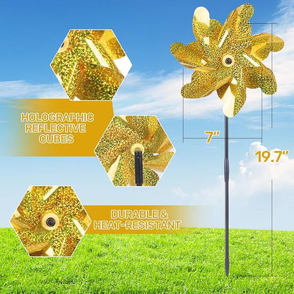 BATTIFE Reflective Pinwheels for Yard and Garden, Pre-Installed Sparkly Blind Birds Pin Wheel, Scare Birds & Animal Away Wind Spinner, 10 Pack (Gold)