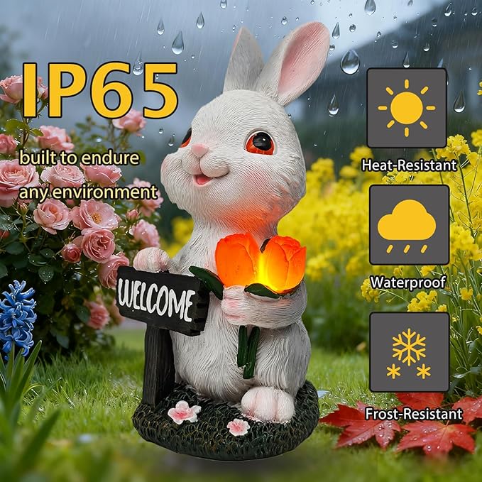 Solar Garden Outdoor Statues Lights Rabbit Garden Sculptures Birthday Housewarming Bunny Gifts for Women Mom Grandma for Patio Yard Lawn Backyard Decorations