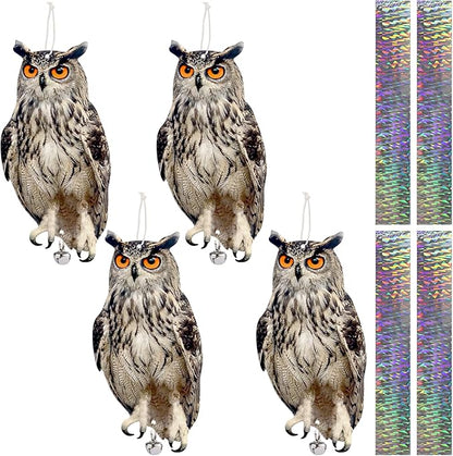 4PCS Hanging Effective Fake Owl Control Device Dual-Side Outdoors Owl with Reflective Tape for Patio Yard Outdoor Front Porch Backyard Windows