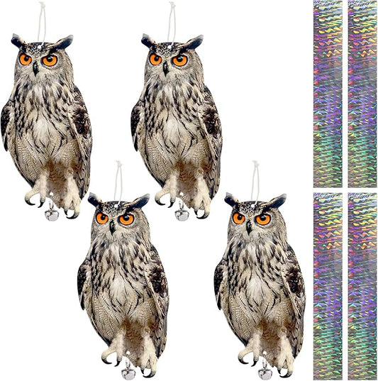 4PCS Hanging Effective Fake Owl Control Device Dual-Side Outdoors Owl with Reflective Tape for Patio Yard Outdoor Front Porch Backyard Windows