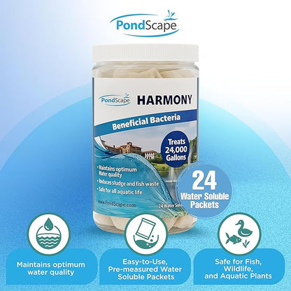PONDSCAPE Harmony Beneficial Bacteria – Natural Clarifier Packets for Ponds, Waterfalls & Fountains – Supports Visual Clarity & Healthy Water Balance – 24 Packets