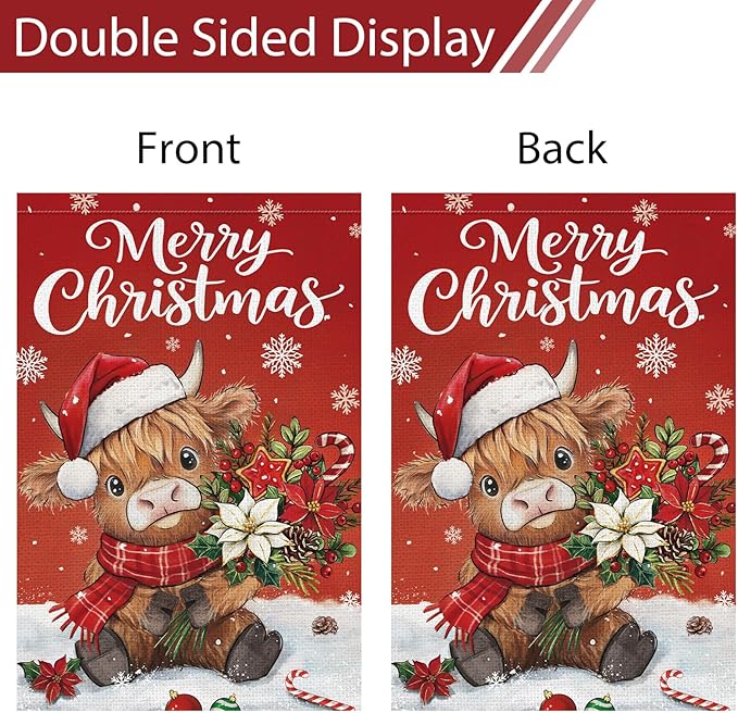 Heyfibro Merry Christmas Highland Cow Garden Flag 28x40 Inch Double Sided Burlap, Winter Snowflake Yard Flags for Holiday Xmas Seasonal Outdoor Decoration(ONLY FLAG)