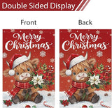 Heyfibro Merry Christmas Highland Cow Garden Flag 28x40 Inch Double Sided Burlap, Winter Snowflake Yard Flags for Holiday Xmas Seasonal Outdoor Decoration(ONLY FLAG)