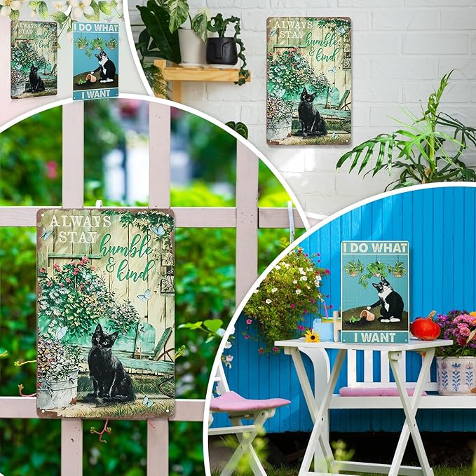 MorningRo 2 Pcs Funny Metal Tin Garden Sign 12'' x 8'' Gifts for Plant Lovers Women Grandma Mom Garden Decor Metal Tin Sign for Farmhouse Greenhouse Patio Yard Wall Decor Indoor Outdoor(Cute Cat)