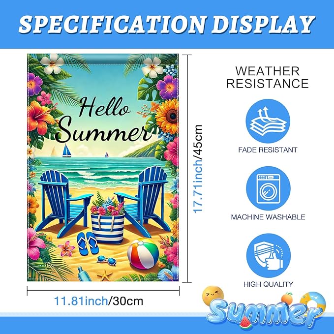 HOMETITUTE Hello Summer Garden Flag Beach Chair Sunset Sea 12x18 Inch Double Sided Welcome Small Seasonal Holiday Yard Outdoor Sign Outside Home House Beach Party Decorations