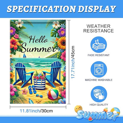 HOMETITUTE Hello Summer Garden Flag Beach Chair Sunset Sea 12x18 Inch Double Sided Welcome Small Seasonal Holiday Yard Outdoor Sign Outside Home House Beach Party Decorations