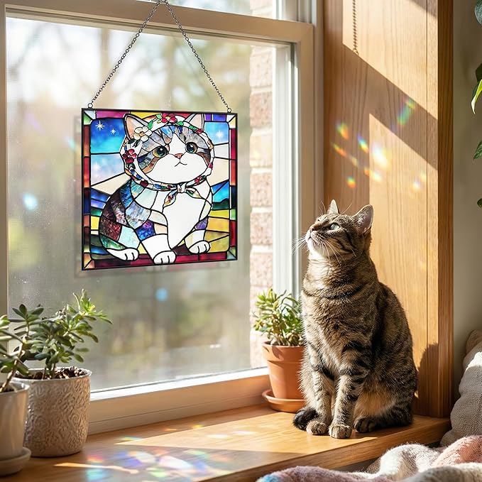 Cat Stained Glass Window Hanging, 7.9" Square Suncatcher with Chain Suction Cup, Cute Kitten Sun Catchers Indoor Window, Colorful Cat Decor for Wall, Porch, Birthday, Tuxedo Cat