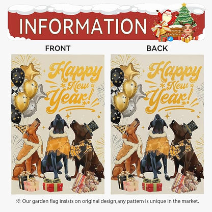 Happy New Year Garden Flag 12 X 18 Inch Double Sided Winter Cute Dogs Balloon Yard Garden Flags for Outside Outdoor Yard Party New Year Decoration