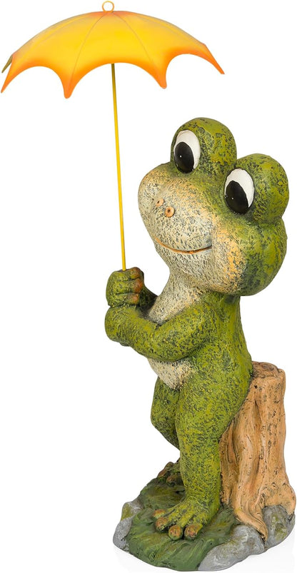 Alpine Corporation QWR1004 Indoor/Outdoor Smiling Frog with Yellow Umbrella Garden Statue, Playful Frog Statue, 23" H, Green