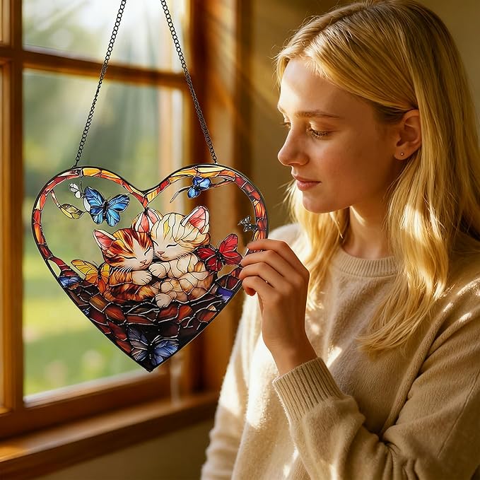 Stained Glass Window Hanging, Sleeping Cats Suncatcher for Window Decoration, Heart-Shaped Cat Butterfly Sun Catcher Christmas Birthday Gifts for Cat Lover 9.8 in (Cats)
