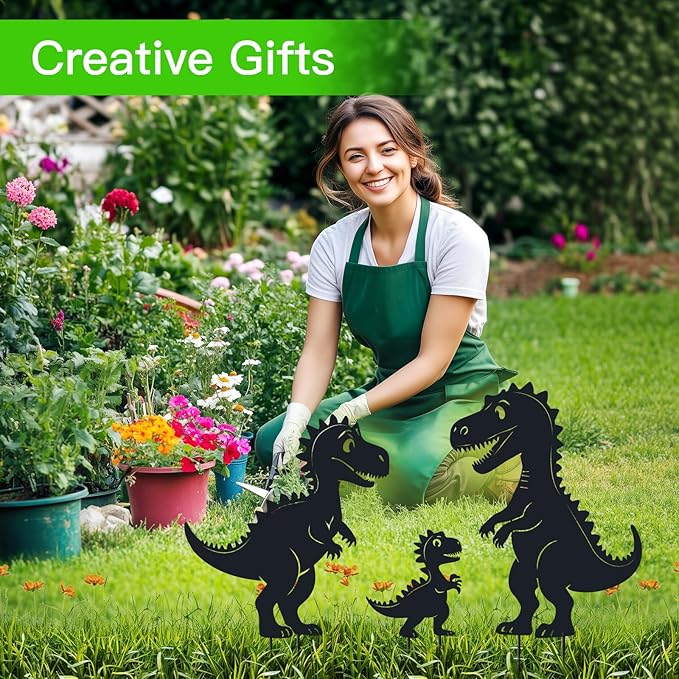 Metal Decorative Garden Stakes, Dinosaur Garden Decor for Outside Gifts for Women Men,Black Dinosaur Silhouette Statues Decorations for Yard Art, Patio, Backyard, Outdoor, Lawn, Forests