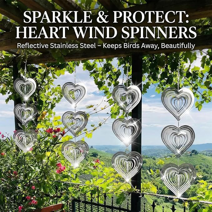 12PCS Stainless Steel Bird Deterrent Wind Spinners for Outside – Reflective Outdoor Bird Repellent Hanging Ornaments, Humane Pigeon Scarer for Yard Garden, Balcony, Patio, Roof & Window (12, Heart)