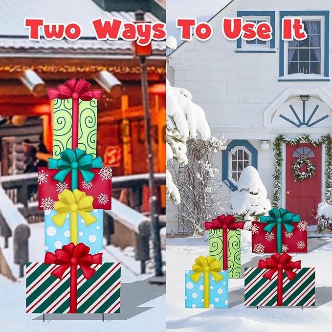 WONDER GARDEN 4PCS Box Sign, Metal Box Yard Stakes, Stacked or Detachable Garden Stakes Yard Signs, Outdoor Christmas Decorations for Lawn Party Outside