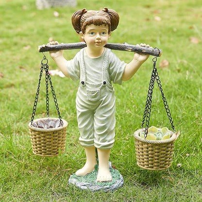 Large Flowers Girl Garden Statue In Stone, Flower & Succulent Planter, Pot Carrying Plants, Pots, Adorable Yard Decor | Indoor & Outdoor Ornament Cute Figurine Lawn, Patio, Home Decoration - 15” x 15”