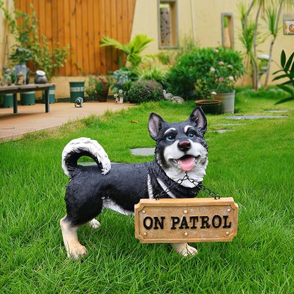 Black Husky Path Companion with Solar Lantern and Double-Sided Sign, Standing Husky Statue for Terrace, Walkway, Patio & Porch
