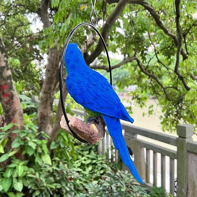 Hanging Scarlet Macaw Parrot Perching on Branch in Metal Round Ring for Home Patio Garden Decor 16" H (Blue and Yellow)