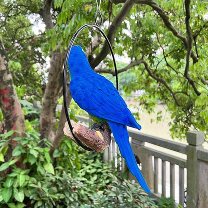 Hanging Scarlet Macaw Parrot Perching on Branch in Metal Round Ring for Home Patio Garden Decor 16" H (Blue and Yellow)