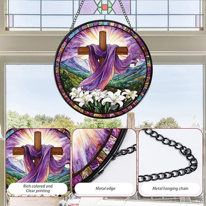 Rngmsi Cross Stained Glass Window Hanging Gift for Women, Purple Cross Wildflowers Sun Catchers Indoor Window Gifts for Men Grandma, Christmas Stained Glass Ornament Decor for Garden (7.87*7.87inches)