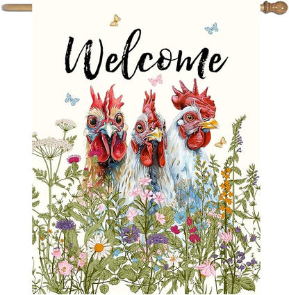 Floral Chicken Garden Flag 28x40 Double Sided Flower Rooster Farmhouse Yard Flag for Outside Welcome Decor