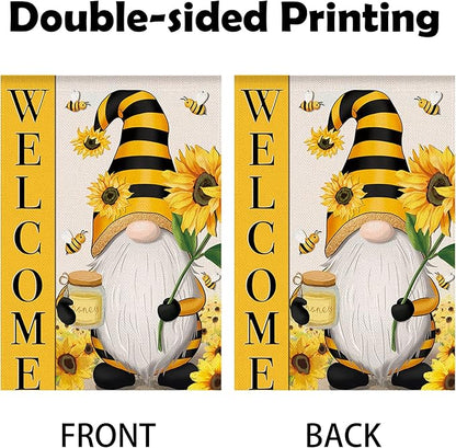 Welcome Spring Summer Garden Flag Sunflower Gnome Floral Bee Flag, 12 x 18 Inch Vertical Double Sided Burlap Banner for Outdoor Seasonal Decoration