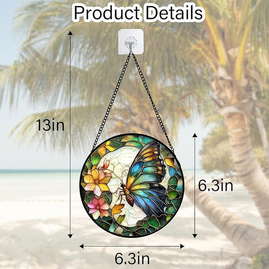 DASTOLL Stained Glass Window Hanging, Butterfly Flower Sun Catchers Diamond Glass Panel Hangings Insect Suncatcher Decor for Birthday for Women, Men, Wife, Aunt, and Mom 6.3 in