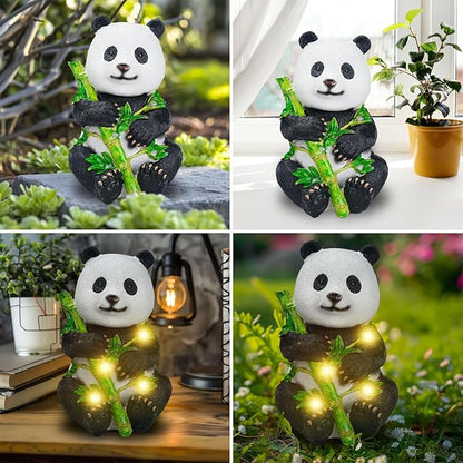 Garden Panda Solar Lights Bamboo Statues Cute Sculptures Waterproof Resin for Indoor Outdoor Porch Patio Lawn Yard Decorations (Sitting)