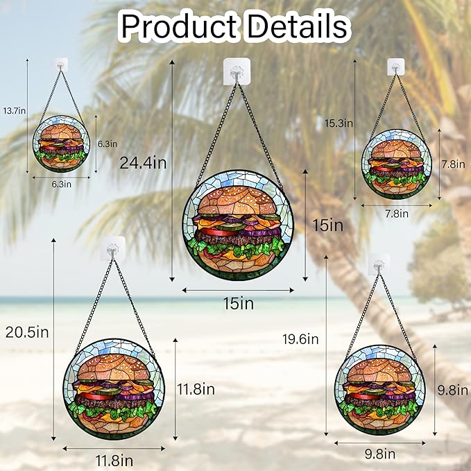 CHATYOUNG Stained Glass Window Hanging Big Beef Burger 9.8" - Cute Suncatcher Door Garden Kitchen Sun Catcher Exquisite Home Decor Christmas for Mom Woman Nana Friend Men Kids