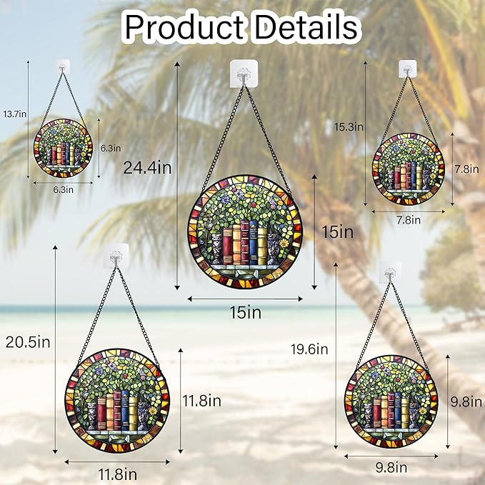 Stained Glass Window Hanging Green Plants Flowers Books Large 15" - Suncatcher Door Garden Sunroom Sun Catcher Decor Birthday Christmas for Mom Men Woman Nana